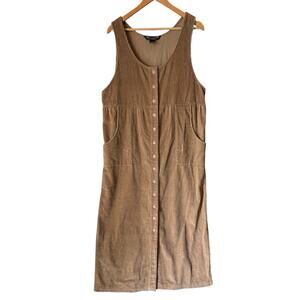90s VTG Corduroy Button Down Overall Maxi Dress Large Modest Cottagecore Khaki